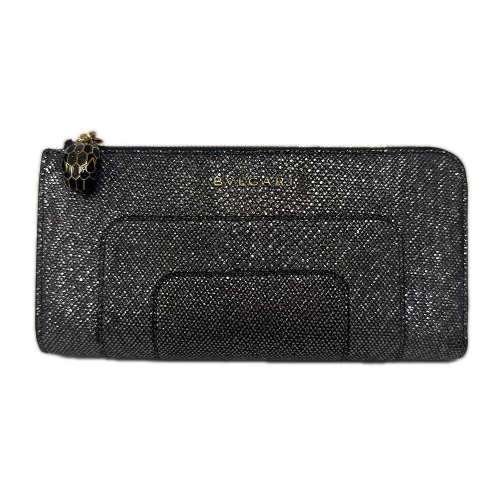 BVLGARI Serpenti Round Zip Long Wallet, Silver Leather, Karungskin Women's